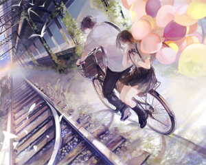anime-couple-romance-train-station-bicycle-balloons-school-uniform